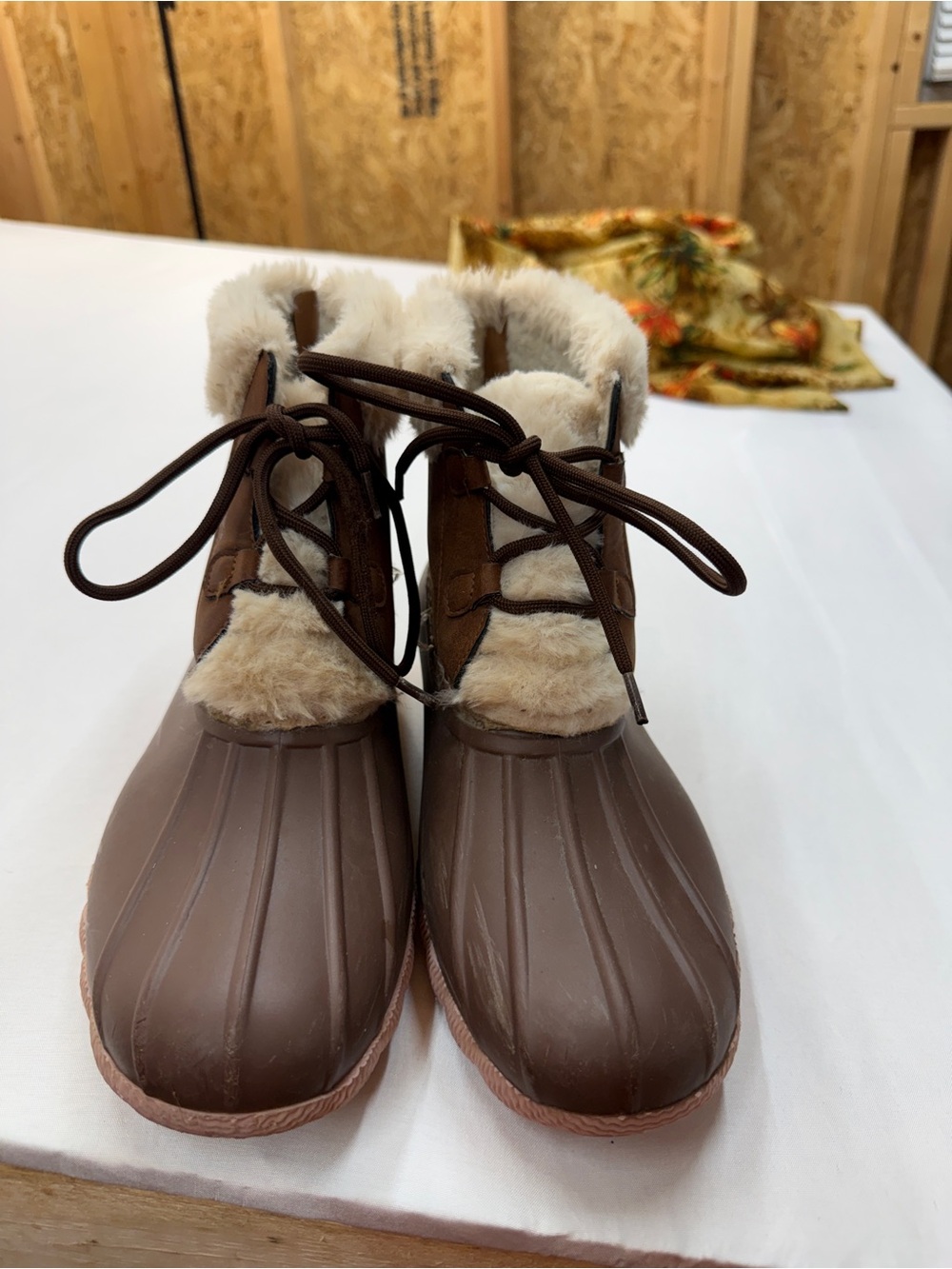 Outwoods Brown Faux-Shearling Lace-Up Duck Boots